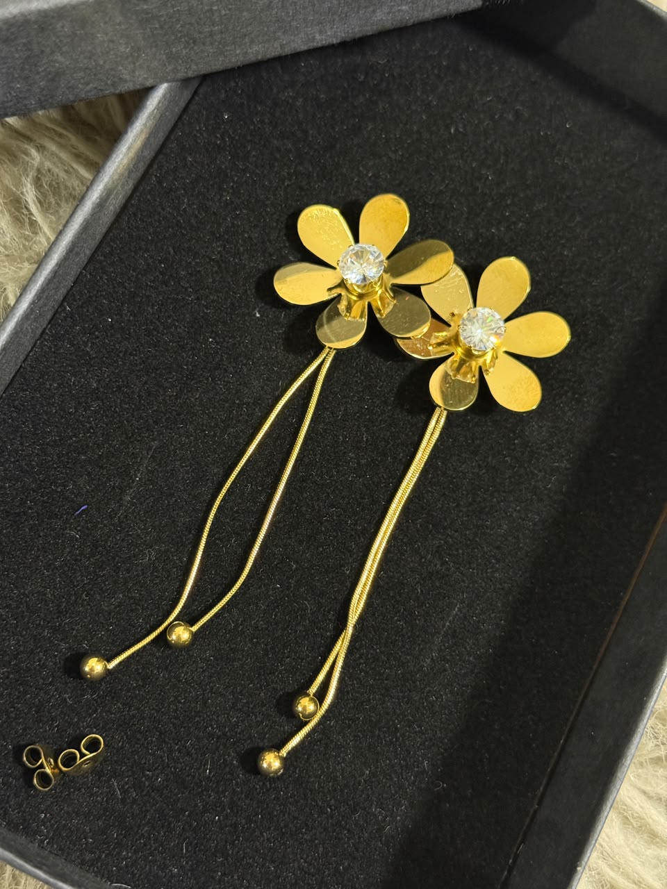 Stainless Steel Crystal Flower Drop Earrings - Gold