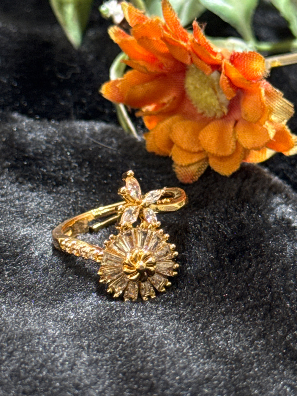 Sunburst & Butterfly Dual Adjustable Ring - Golden