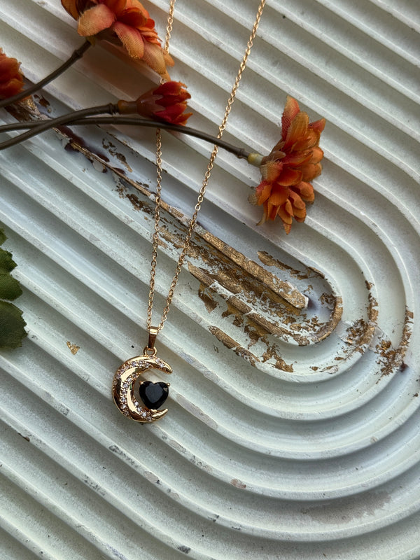 Crescent Moon Crystal Heart Pendant Necklace - Silver