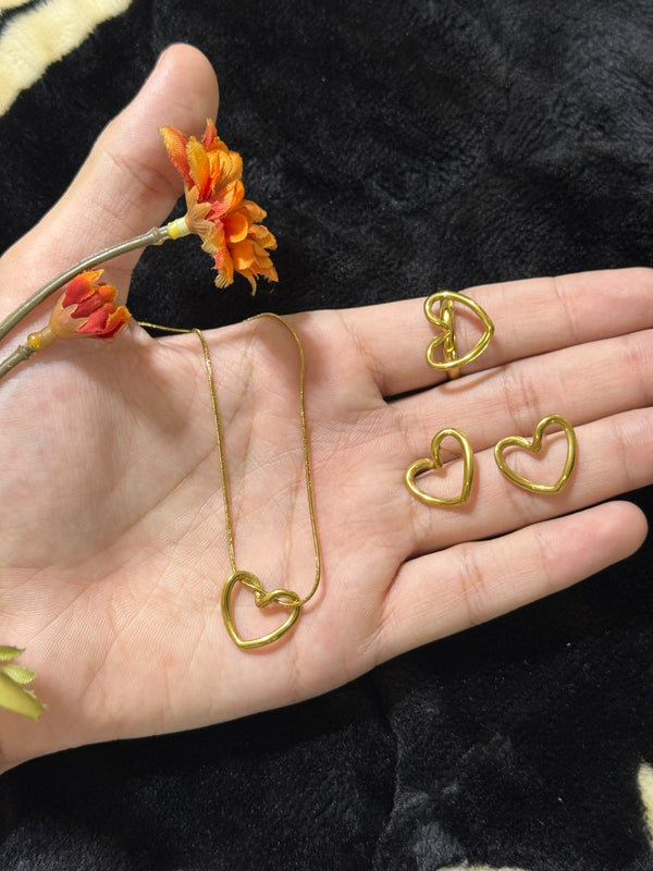 Open Heart Jewelry Set - Set of Necklace, Ring and Earrings - Golden