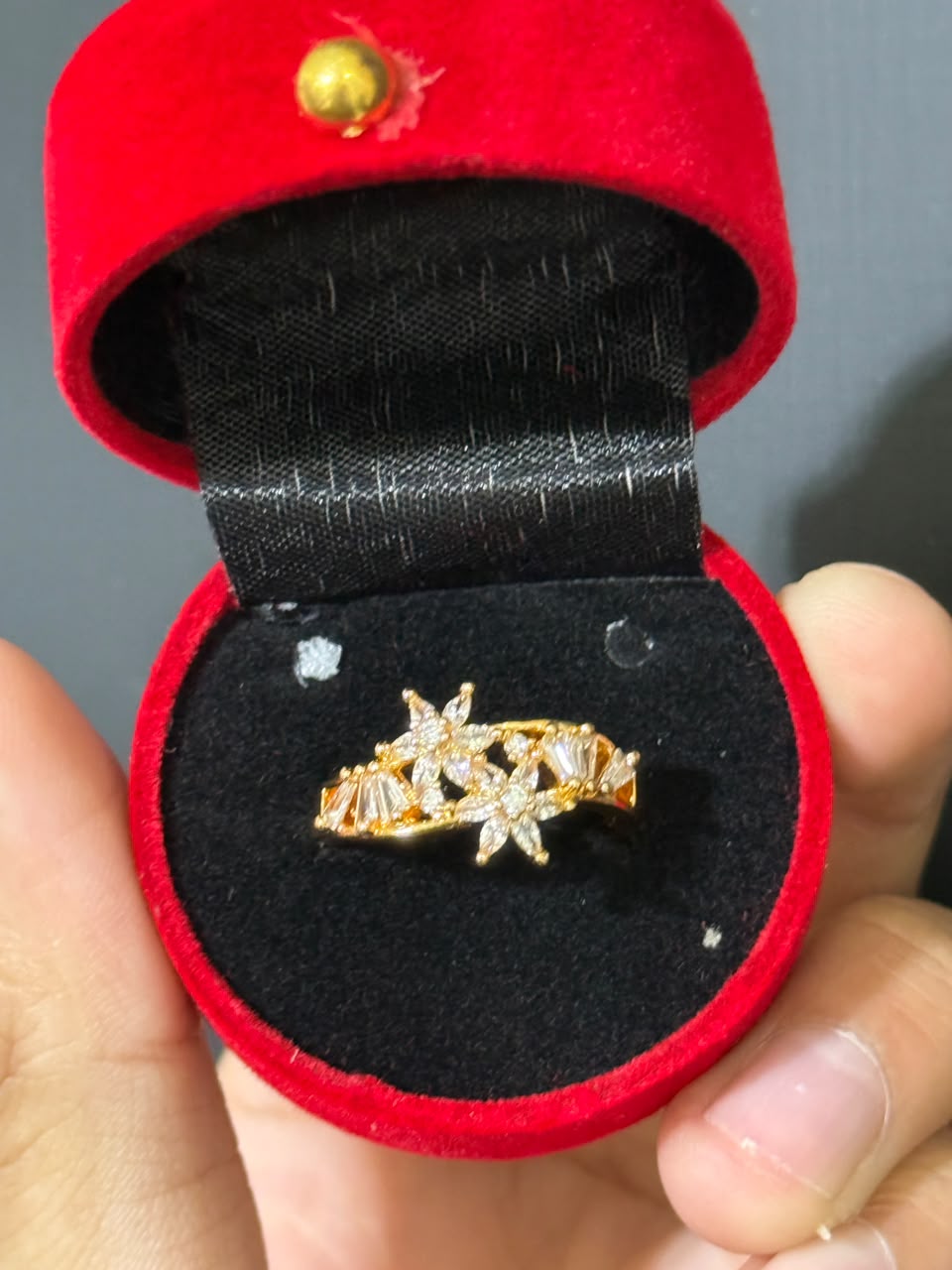 Crystal Floral Cluster Adjustable Ring - Gold