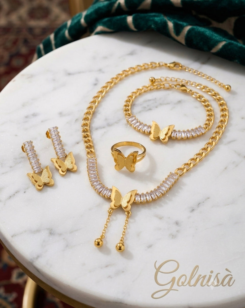 Gold-Tone Butterfly Baguette Crystal Jewelry Set - 4-Piece Cuban Chain Necklace, Bracelet, Earrings & Ring Set