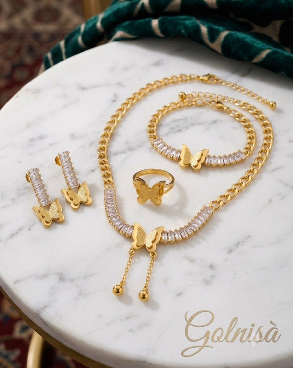 Gold-Tone Butterfly Baguette Crystal Jewelry Set - 4-Piece Cuban Chain Necklace, Bracelet, Earrings & Ring Set
