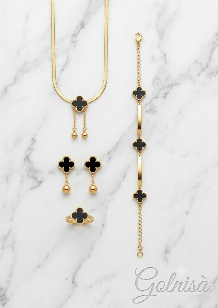 4-Piece Black Clover Jewelry Set - Luxurious Gold-Plated Snake Chain Necklace, Earrings, Bracelet & Ring Set