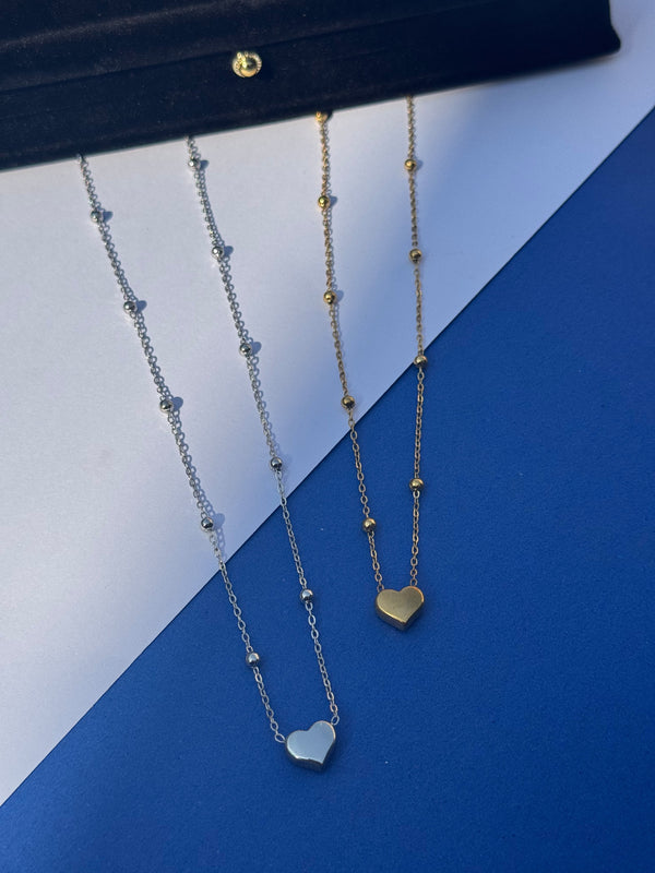 Beaded Chain Heart Pendant Necklace - Silver