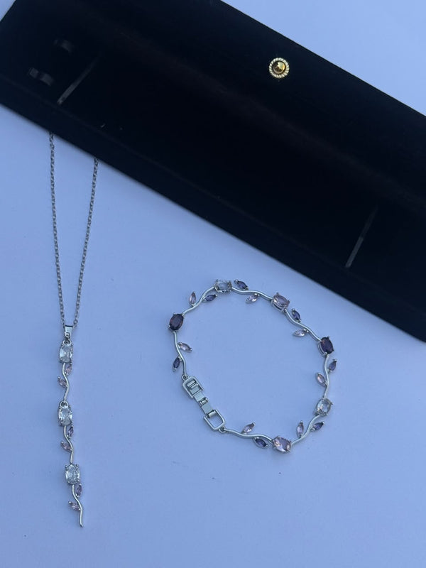 Tulip Necklace and Bracelet Set - Silver-Tone with Multi-Shade Purple & Clear Crystals