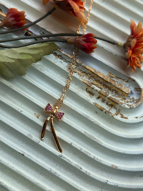 Pink Crystal Bow Ribbon Pendant Necklace