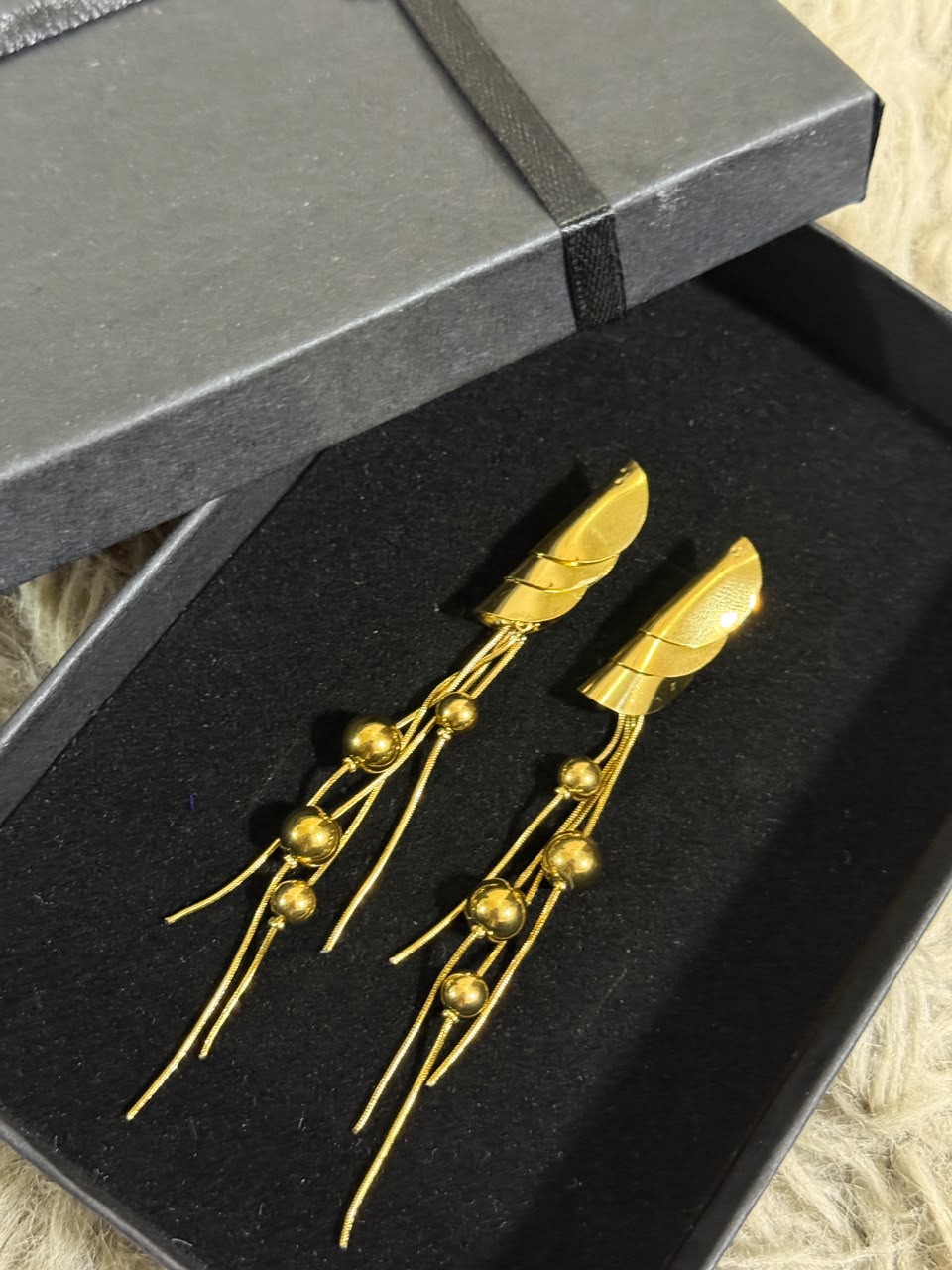 Stainless Steel Beaded Tassel Earrings - Gold