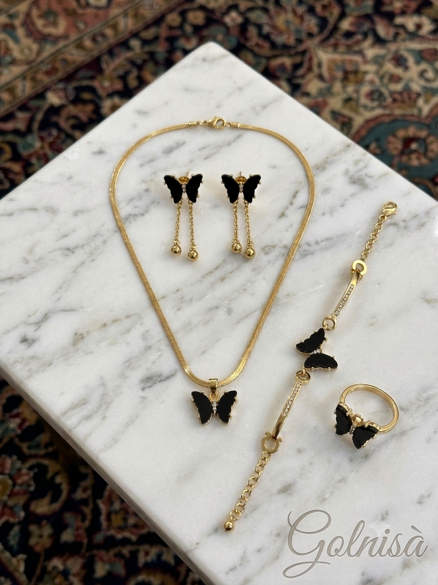 4-Piece Black Butterfly Jewelry Set - Elegant Gold-Plated Snake Chain Necklace, Earrings, Bracelet & Ring Set