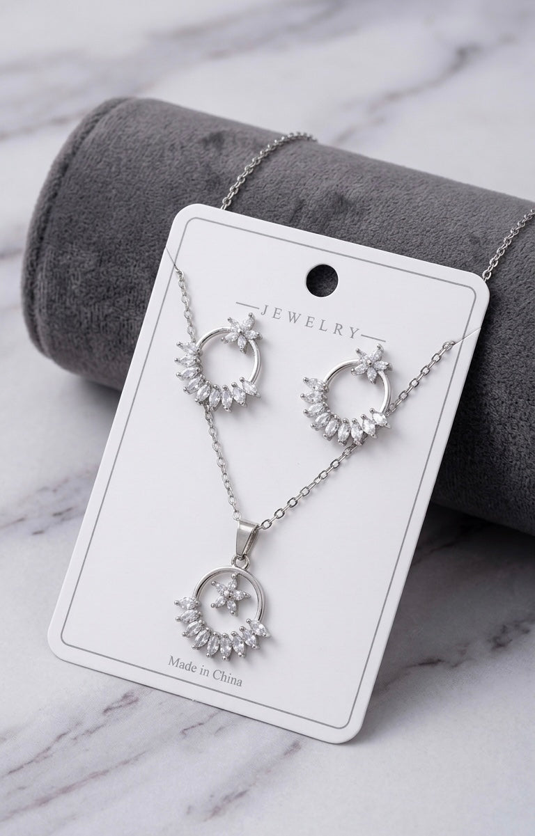 Floral Marquise Crystal Wreath Pendant Necklace & Earrings Set - Elegant Bridal & Festive Jewelry