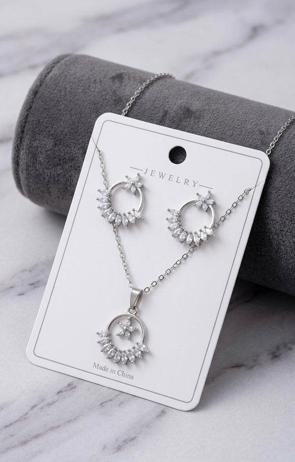 Floral Marquise Crystal Wreath Pendant Necklace & Earrings Set - Elegant Bridal & Festive Jewelry