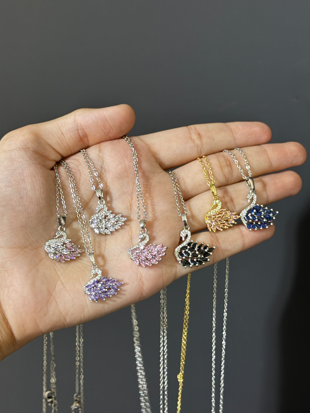Crystal Swan Pendant Necklace - Purple (Silver Chain)