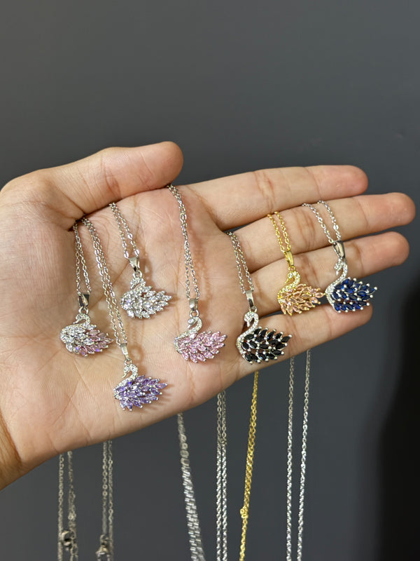 Crystal Swan Pendant Necklace - Purple (Silver Chain)